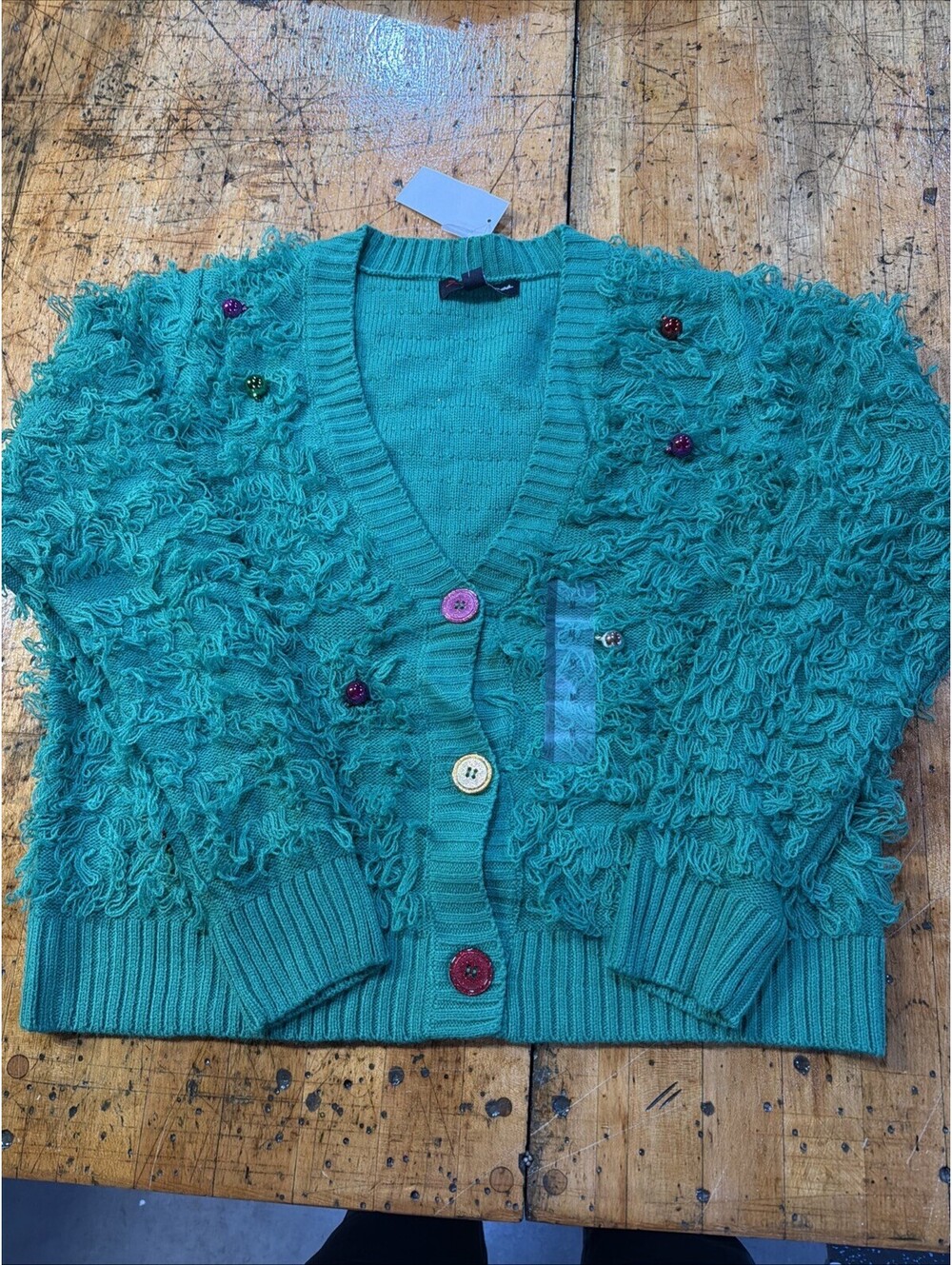 Ugly Christmas Sweater Green Shaggy Size M With Ornaments And Glitter Buttons